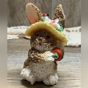 EASTER BUNNY Rabbit Figurine Granny Core Bunny Wearing Straw Hat Lady Bug Resin